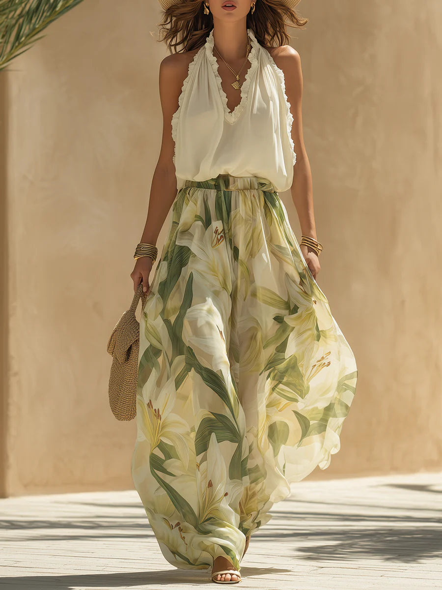 Lily Print Sleeveless Chiffon Vacation Set