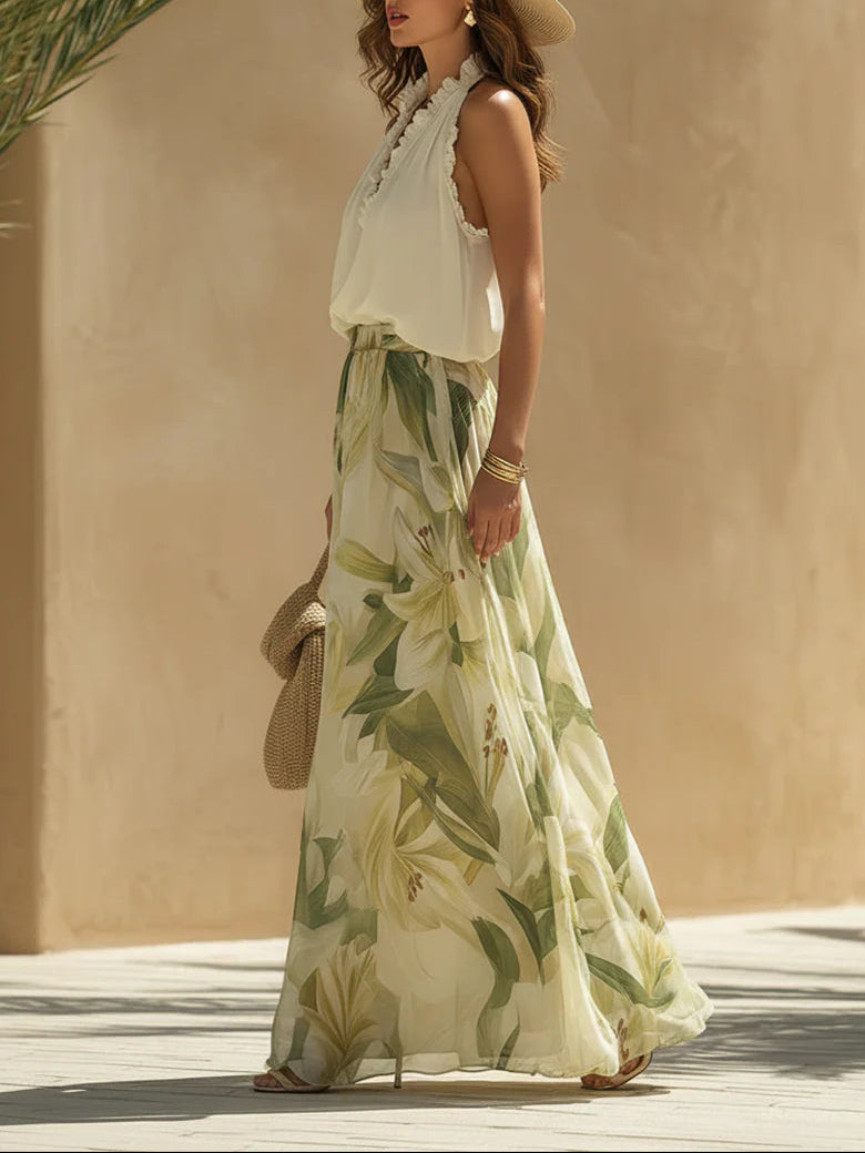Lily Print Sleeveless Chiffon Vacation Set