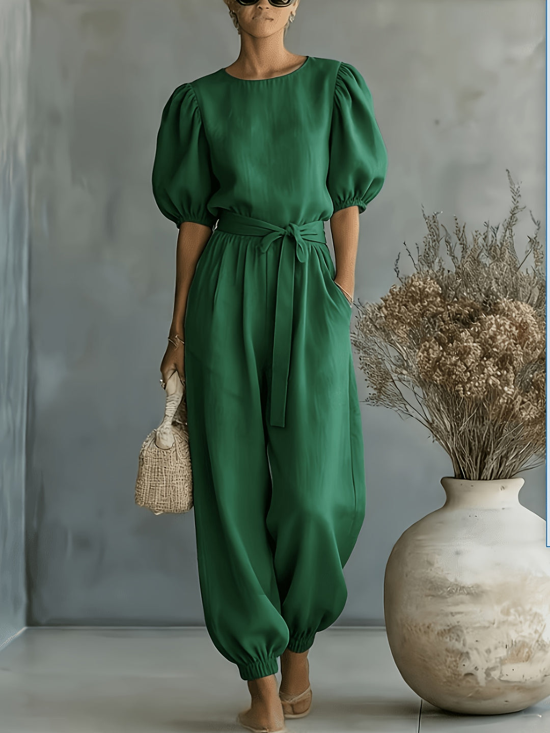 2026 Spring Summer Women'S Bohemian Style Puff Sleeve Tie-String Ankle Cincher Wide-Leg Commuter Jumpsuit Beach Office Weekend Multi-Scene Wear