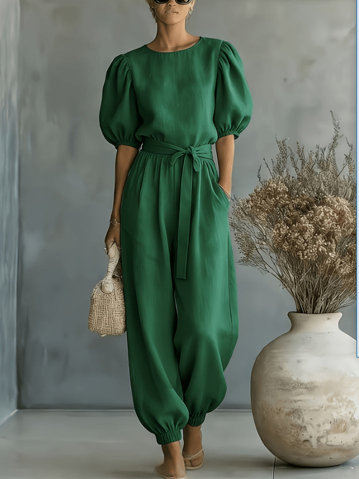2026 Spring Summer Women'S Bohemian Style Puff Sleeve Tie-String Ankle Cincher Wide-Leg Commuter Jumpsuit Beach Office Weekend Multi-Scene Wear