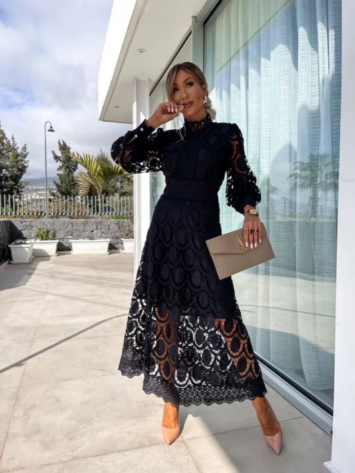 Scarlett | Pink Lace Midi Dress with High Neck and Puff Sleeves