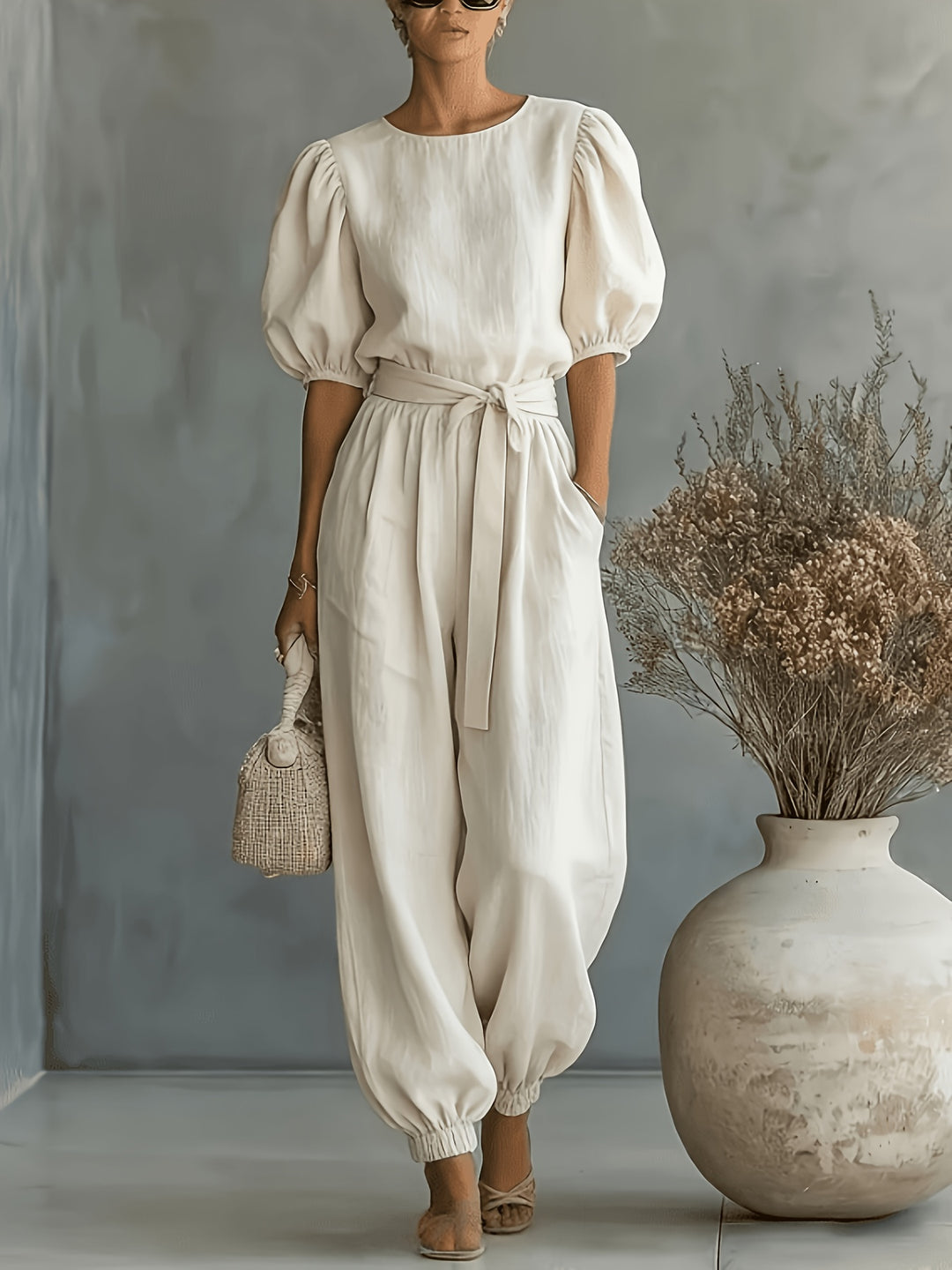 2026 Spring Summer Women'S Bohemian Style Puff Sleeve Tie-String Ankle Cincher Wide-Leg Commuter Jumpsuit Beach Office Weekend Multi-Scene Wear