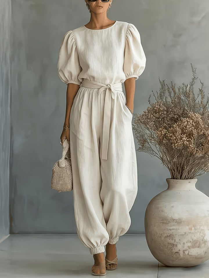 2026 Spring Summer Women'S Bohemian Style Puff Sleeve Tie-String Ankle Cincher Wide-Leg Commuter Jumpsuit Beach Office Weekend Multi-Scene Wear