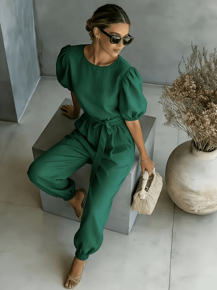 2026 Spring Summer Women'S Bohemian Style Puff Sleeve Tie-String Ankle Cincher Wide-Leg Commuter Jumpsuit Beach Office Weekend Multi-Scene Wear
