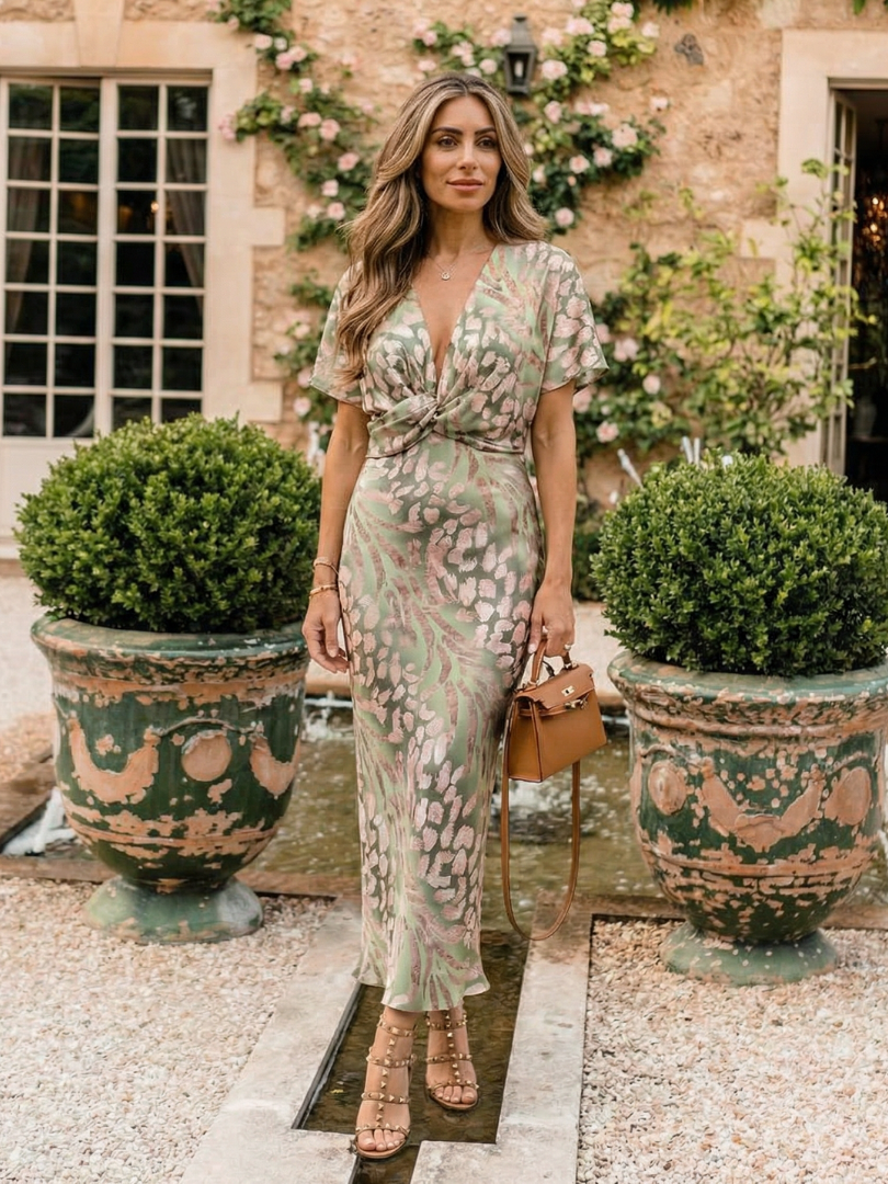 Mae | Abstract Print V Neck Twist Waist Midi Dress