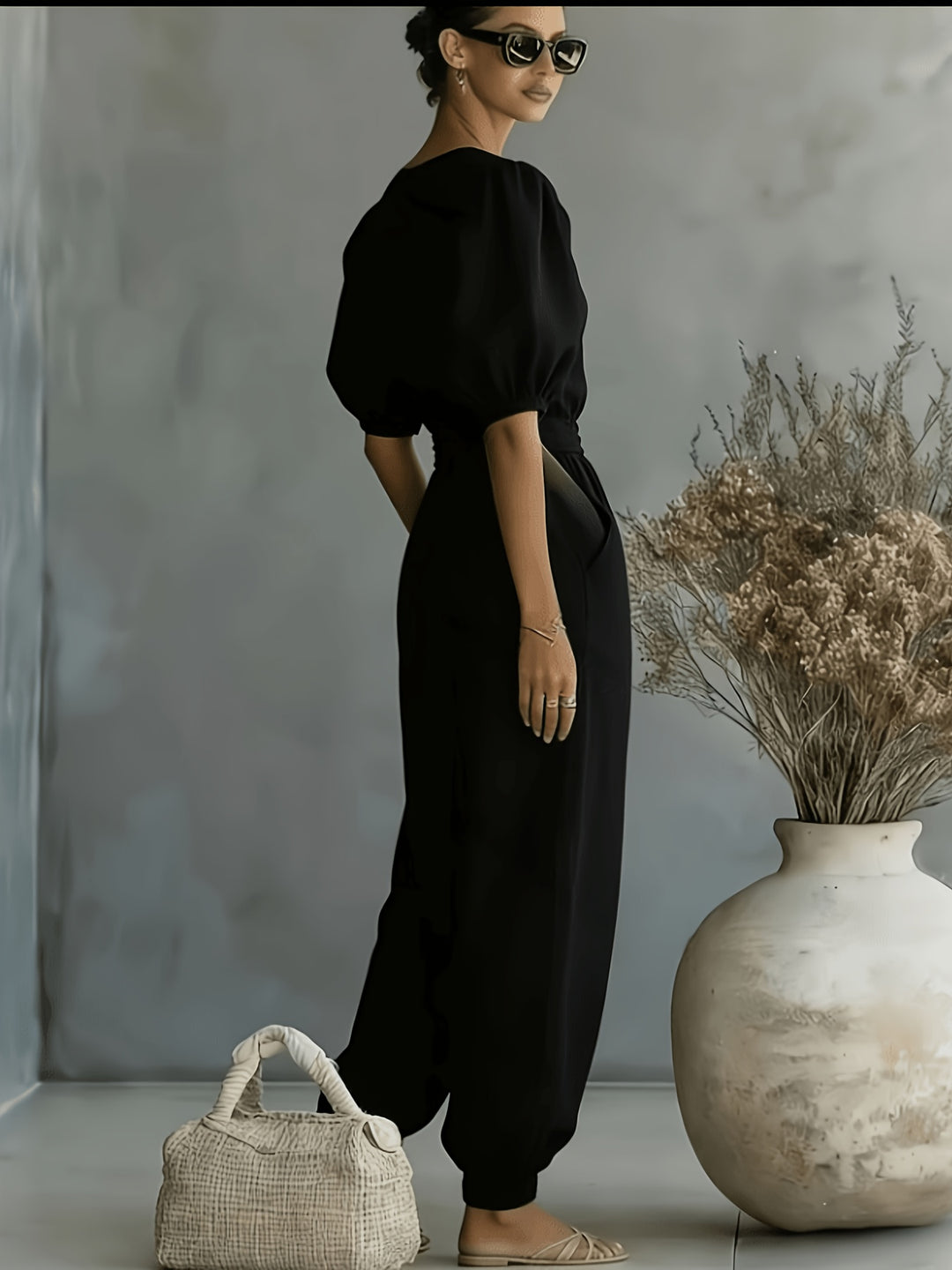 2026 Spring Summer Women'S Bohemian Style Puff Sleeve Tie-String Ankle Cincher Wide-Leg Commuter Jumpsuit Beach Office Weekend Multi-Scene Wear