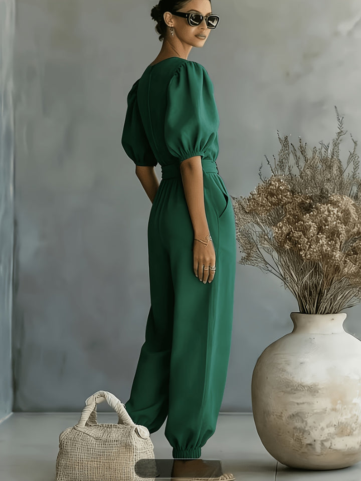2026 Spring Summer Women'S Bohemian Style Puff Sleeve Tie-String Ankle Cincher Wide-Leg Commuter Jumpsuit Beach Office Weekend Multi-Scene Wear
