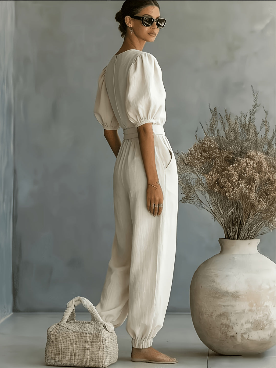 2026 Spring Summer Women'S Bohemian Style Puff Sleeve Tie-String Ankle Cincher Wide-Leg Commuter Jumpsuit Beach Office Weekend Multi-Scene Wear