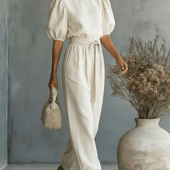 2026 Spring Summer Women'S Bohemian Style Puff Sleeve Tie-String Ankle Cincher Wide-Leg Commuter Jumpsuit Beach Office Weekend Multi-Scene Wear