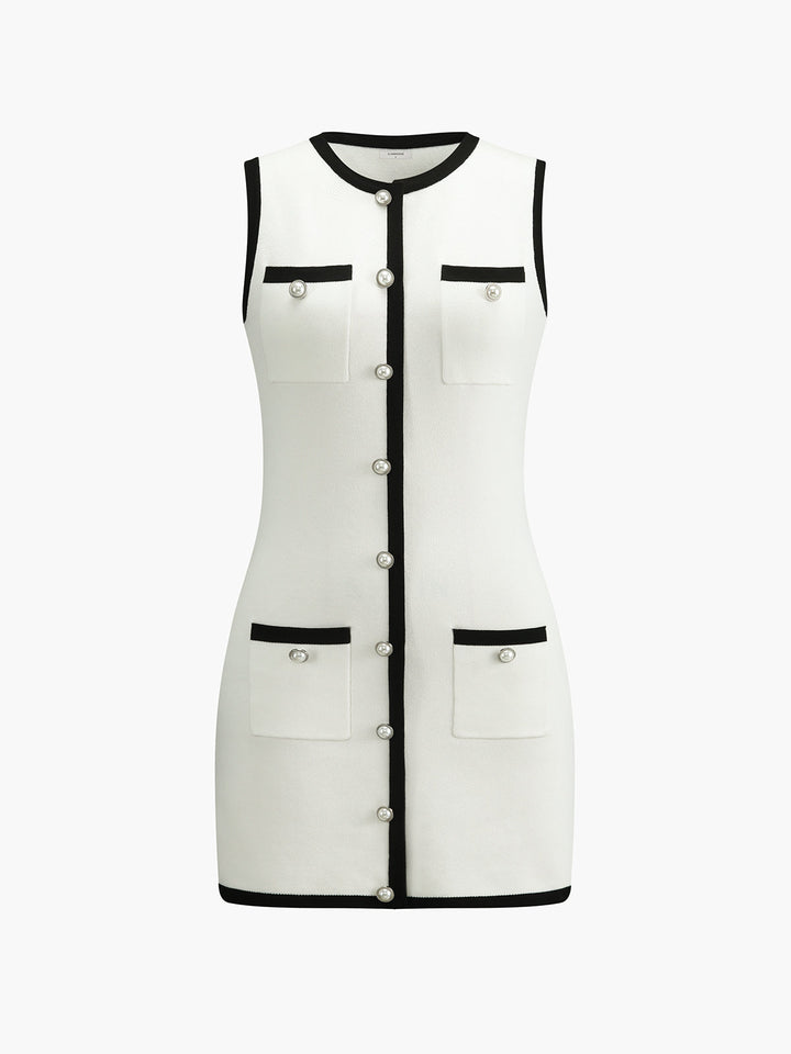 Multi Pocket Button Sleeveless Short Dress