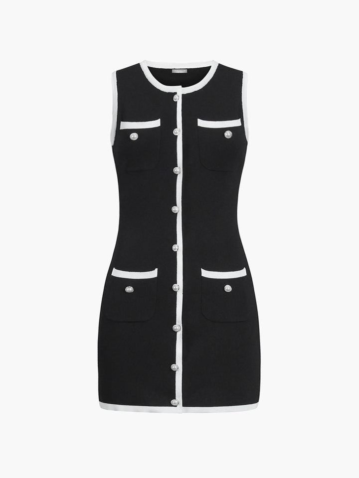 Multi Pocket Button Sleeveless Short Dress