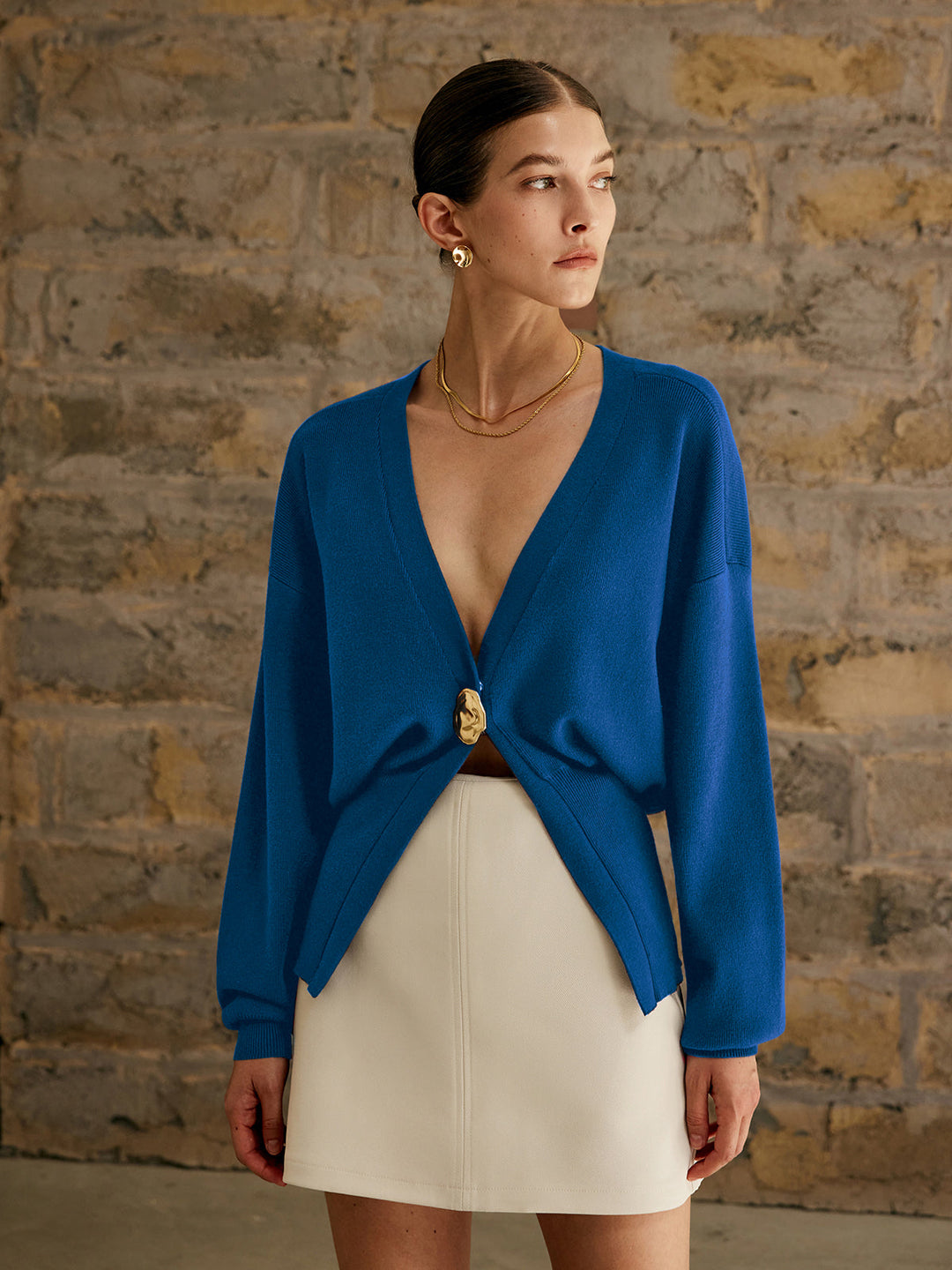 Golden Button Plain Cardigan Sweater