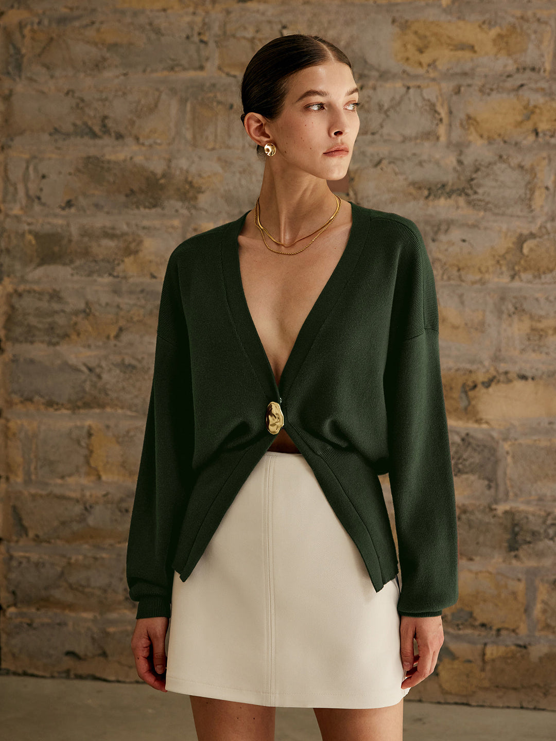Golden Button Plain Cardigan Sweater