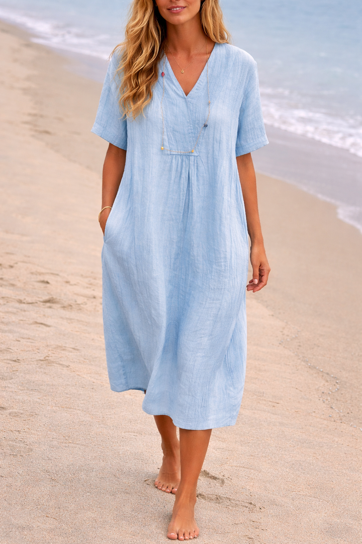 Isla | Women’s Linen V-Neck Short Sleeve Midi Dress
