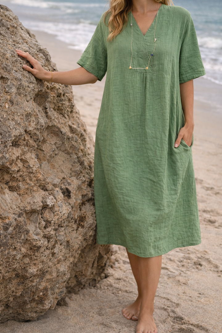 Isla | Women’s Linen V-Neck Short Sleeve Midi Dress