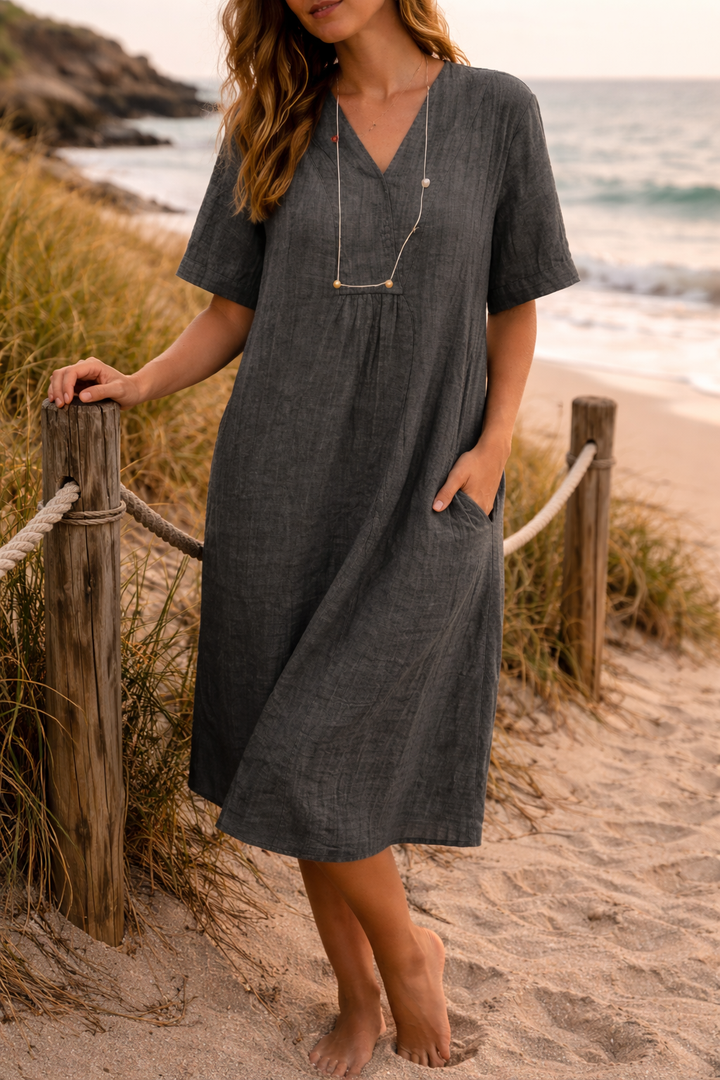 Isla | Women’s Linen V-Neck Short Sleeve Midi Dress