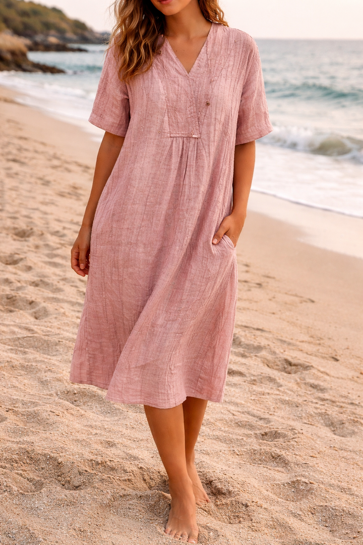 Isla | Women’s Linen V-Neck Short Sleeve Midi Dress