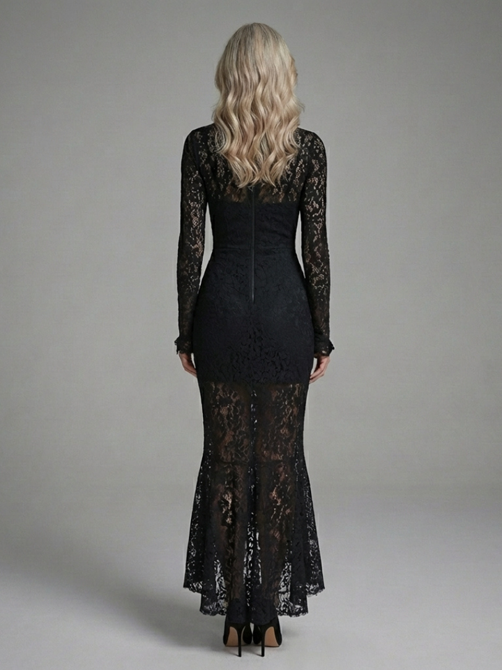 Margaret | Midi lace dress with high collar and long sleeves