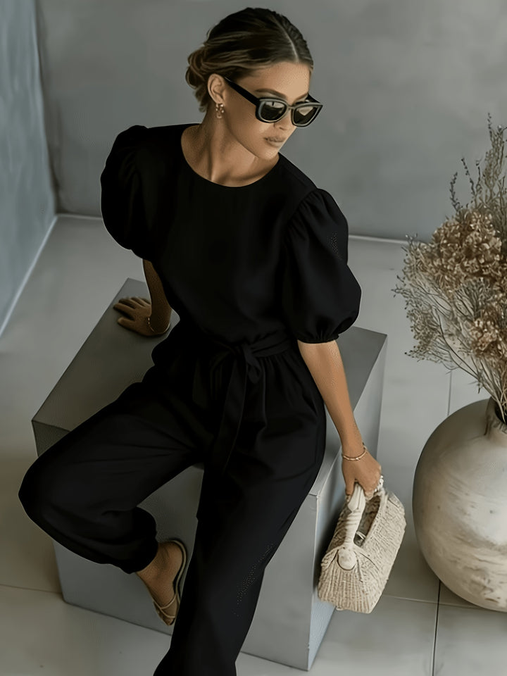 2026 Spring Summer Women'S Bohemian Style Puff Sleeve Tie-String Ankle Cincher Wide-Leg Commuter Jumpsuit Beach Office Weekend Multi-Scene Wear
