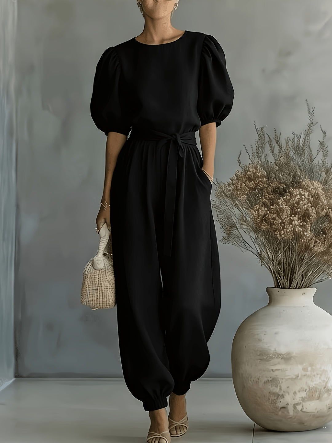2026 Spring Summer Women'S Bohemian Style Puff Sleeve Tie-String Ankle Cincher Wide-Leg Commuter Jumpsuit Beach Office Weekend Multi-Scene Wear