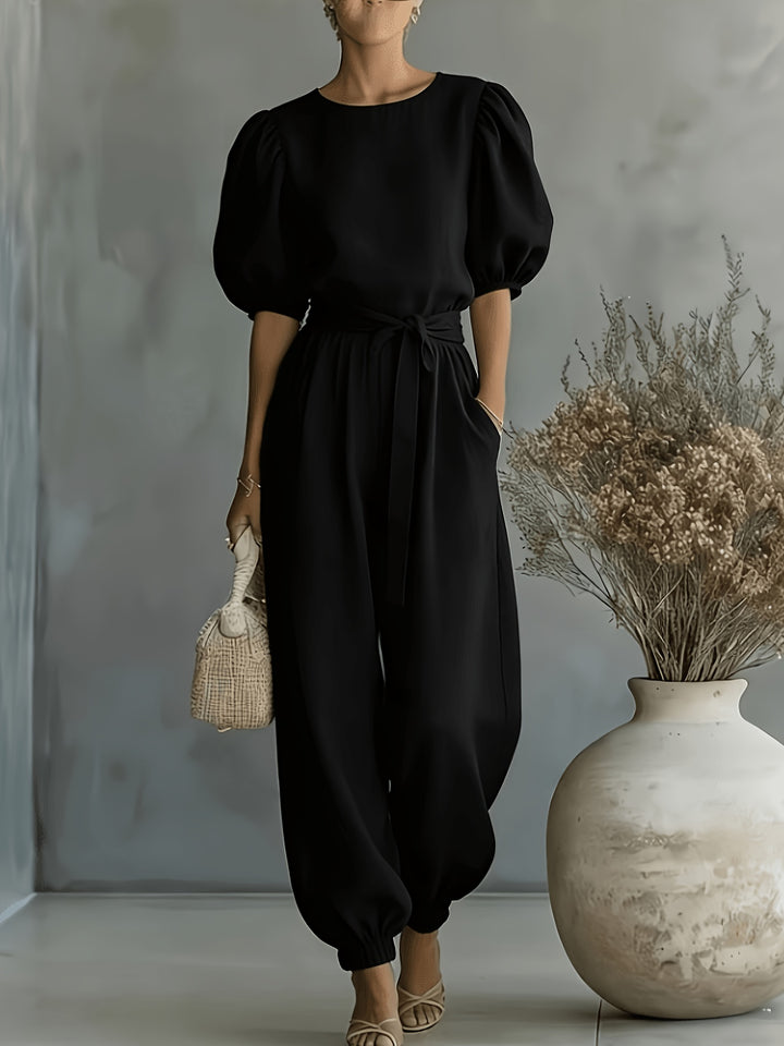 2026 Spring Summer Women'S Bohemian Style Puff Sleeve Tie-String Ankle Cincher Wide-Leg Commuter Jumpsuit Beach Office Weekend Multi-Scene Wear