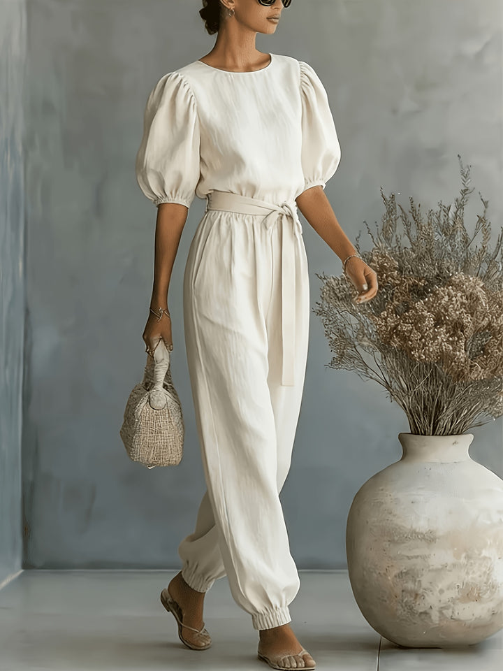 2026 Spring Summer Women'S Bohemian Style Puff Sleeve Tie-String Ankle Cincher Wide-Leg Commuter Jumpsuit Beach Office Weekend Multi-Scene Wear