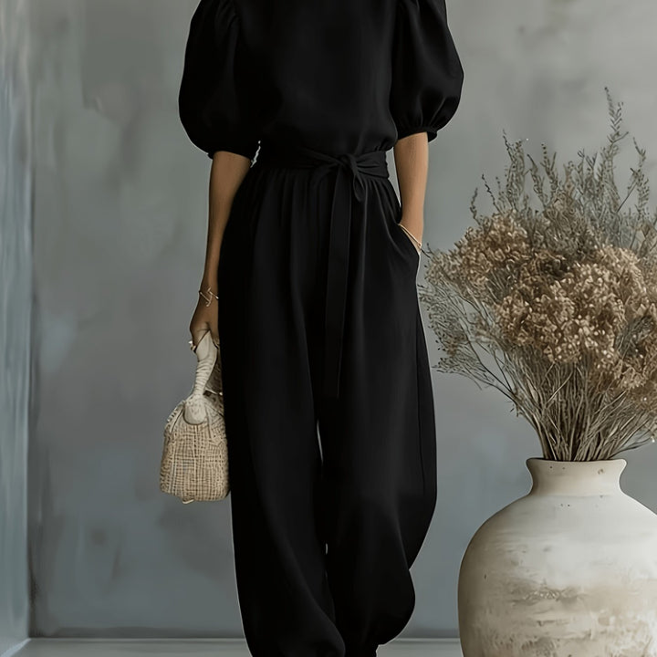 2026 Spring Summer Women'S Bohemian Style Puff Sleeve Tie-String Ankle Cincher Wide-Leg Commuter Jumpsuit Beach Office Weekend Multi-Scene Wear