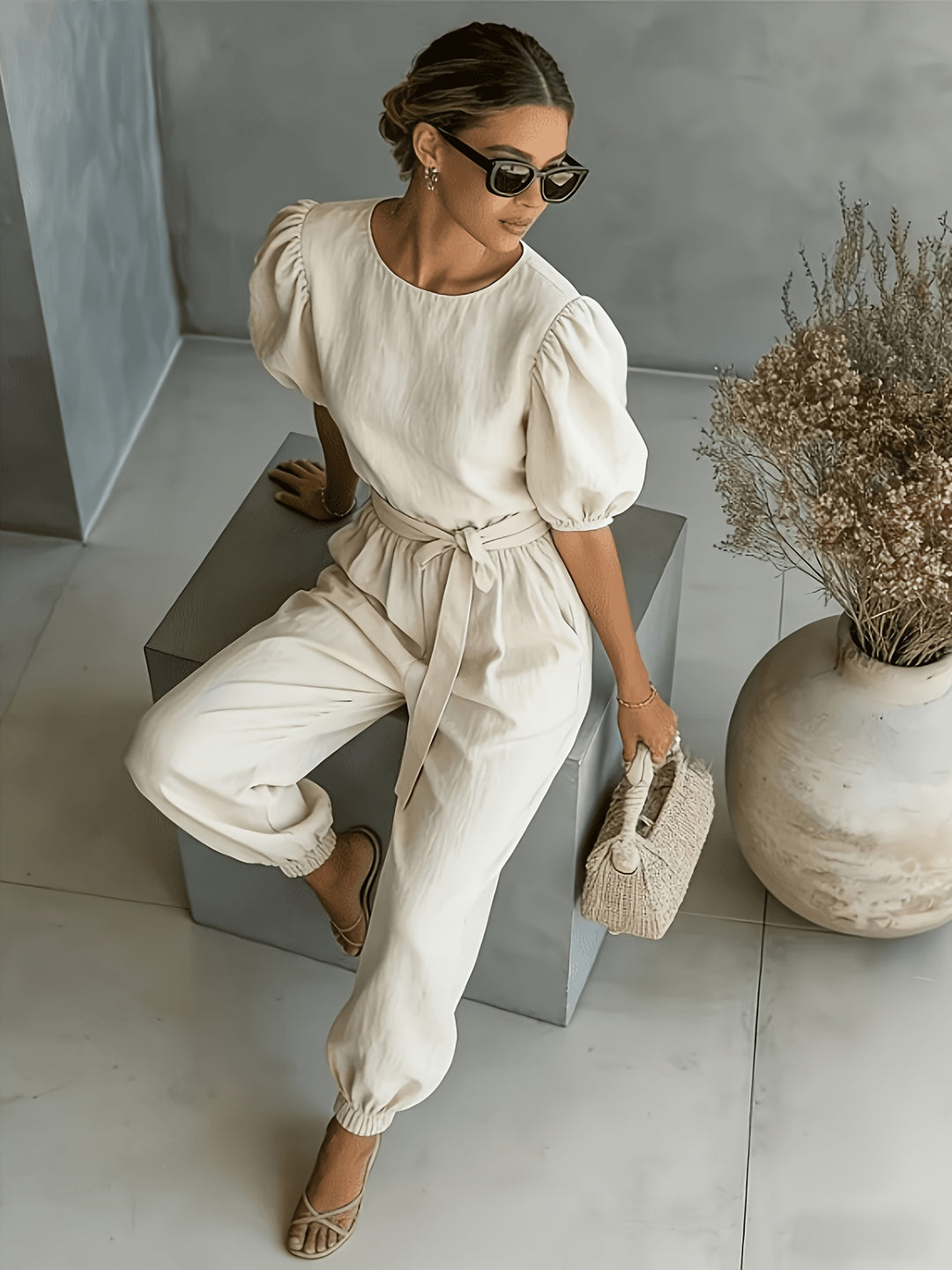 2026 Spring Summer Women'S Bohemian Style Puff Sleeve Tie-String Ankle Cincher Wide-Leg Commuter Jumpsuit Beach Office Weekend Multi-Scene Wear