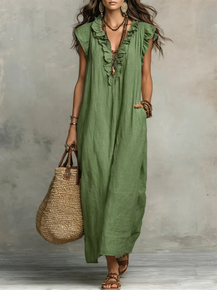 Wren | Boho Maxi Dress with Ruffle V-Neck and Flutter Sleeves